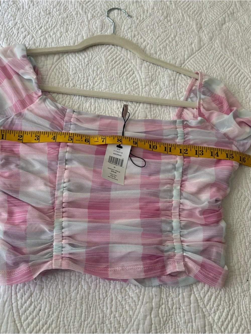 NWT BCBG Generation Mesh Gingham Top in Madras Plaid. Pastel pinks/blues. Size M - Picture 12 of 16